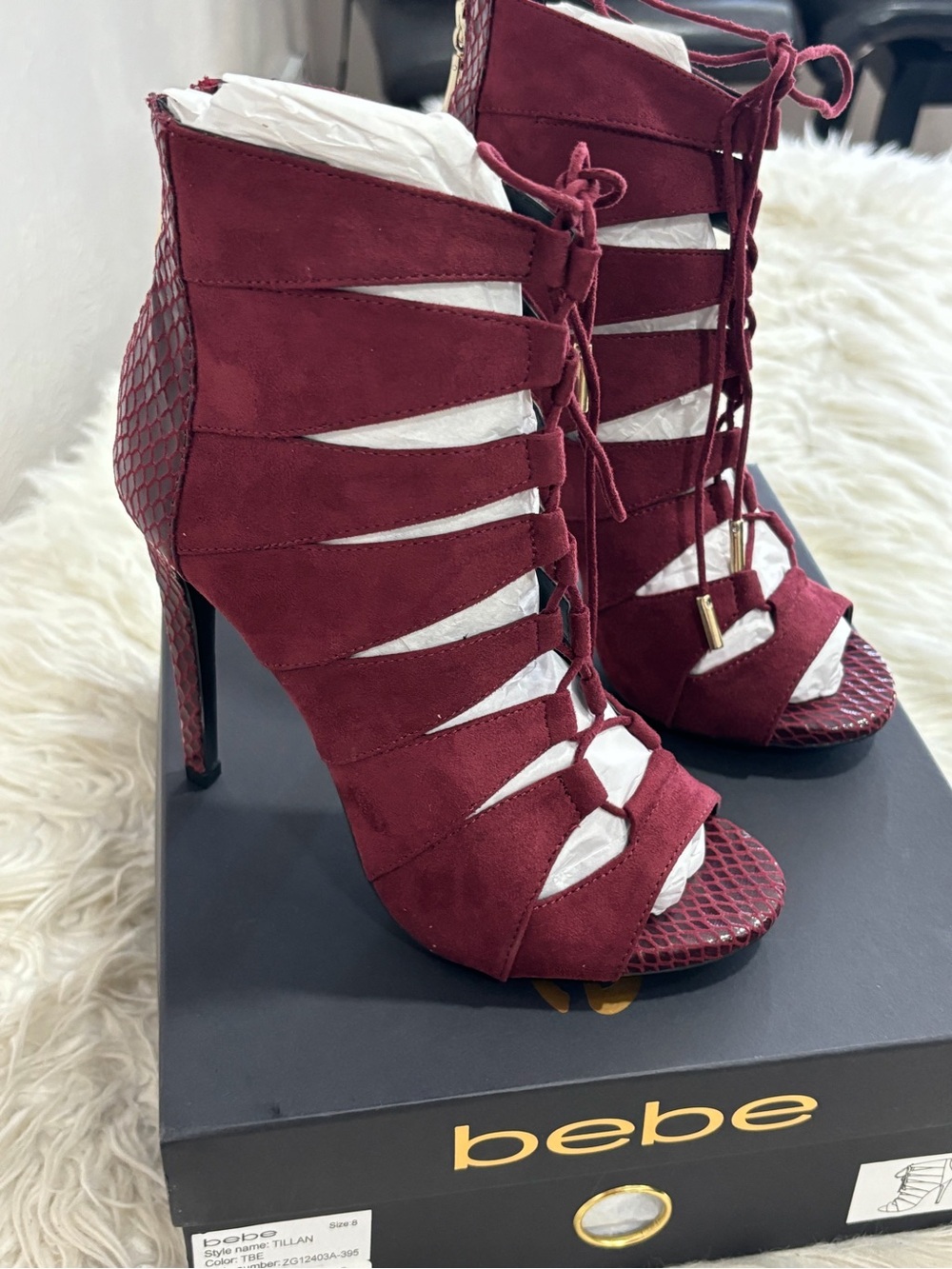 bebe Wine Red Lace-Up Cutout Stiletto Booties